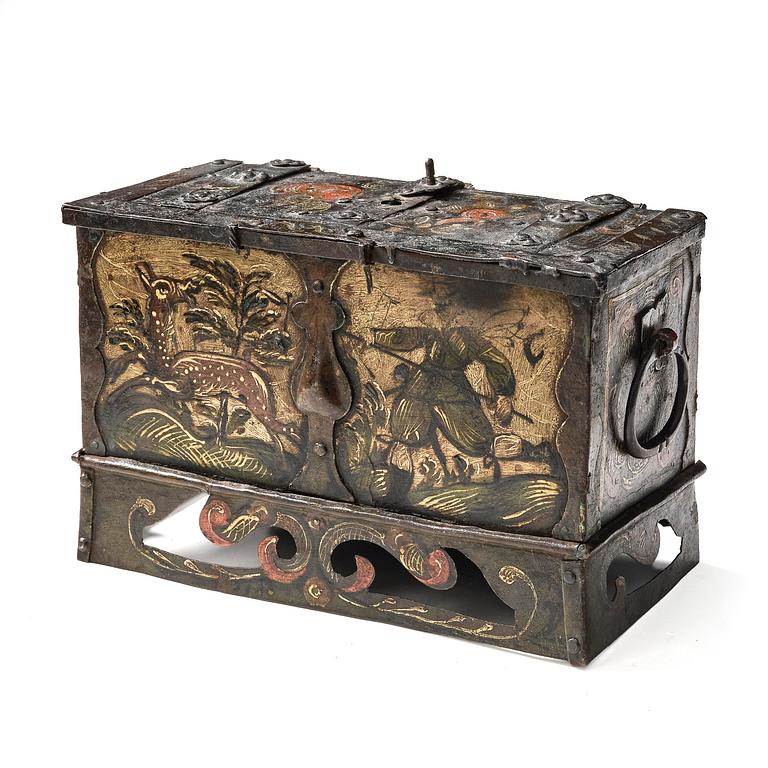 A South German presumably Nuremberg polychrome-painted wrought baroque iron casket, 17th century.