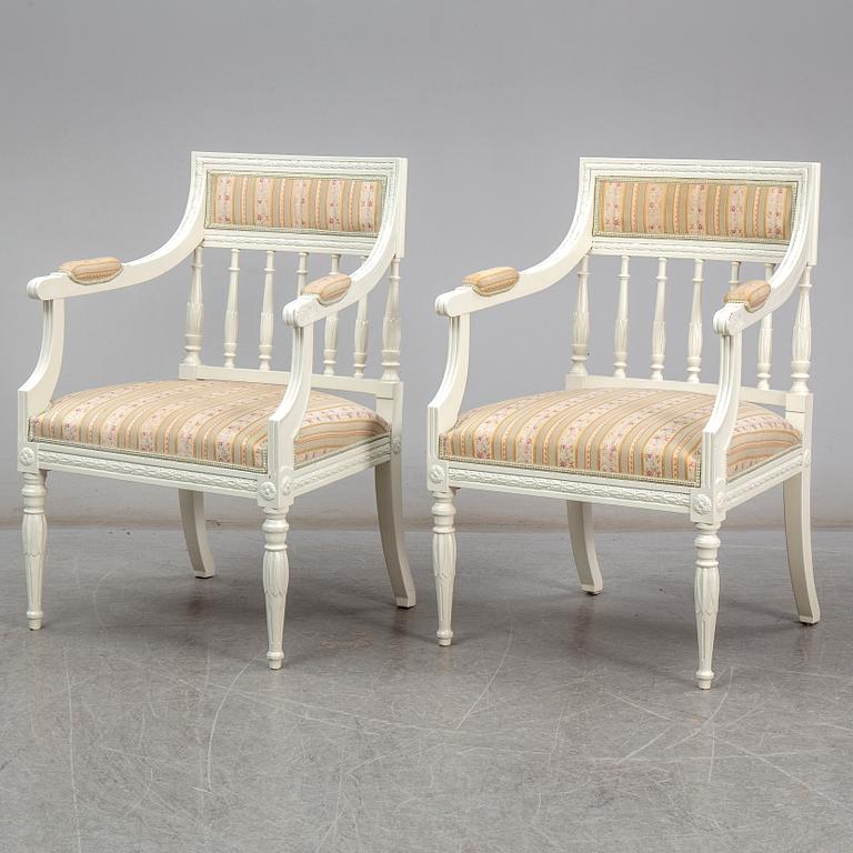 A pair of chairs, sofa and table, late gustavian style, 1900's.