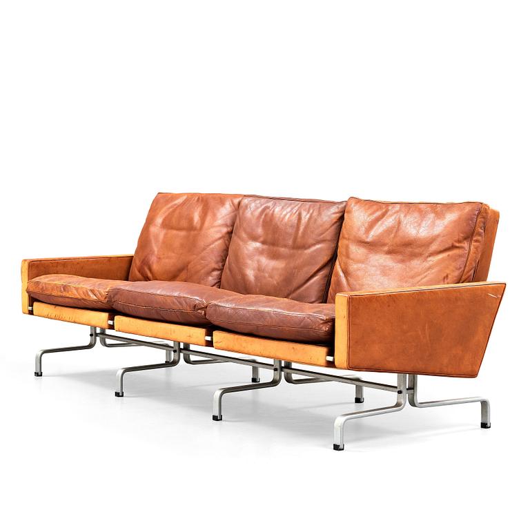 Poul Kjaerholm, a 'PK-31-3' three seated steel and brown leather sofa, E Kold Christensen, Denmark 1960's.