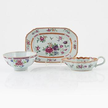 A famille rose dish, sauce boat and bowl, Qing dynasty, 18th Century.
