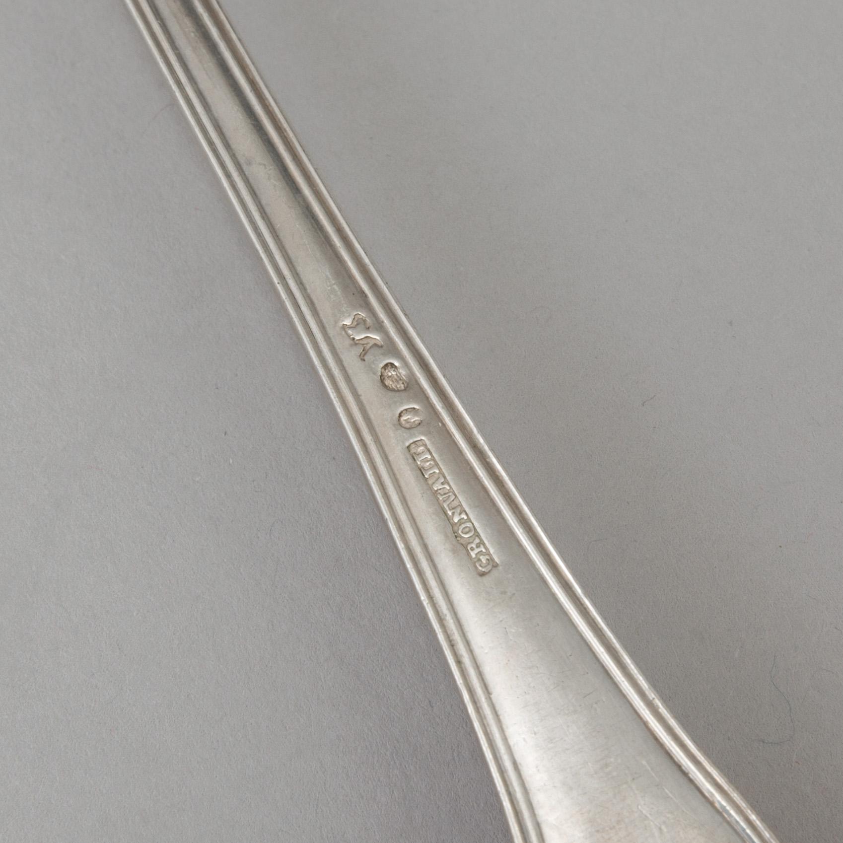 Seven Swedish Empire silver table forks by Johan Petter Grönvall in Stockholm 1828.