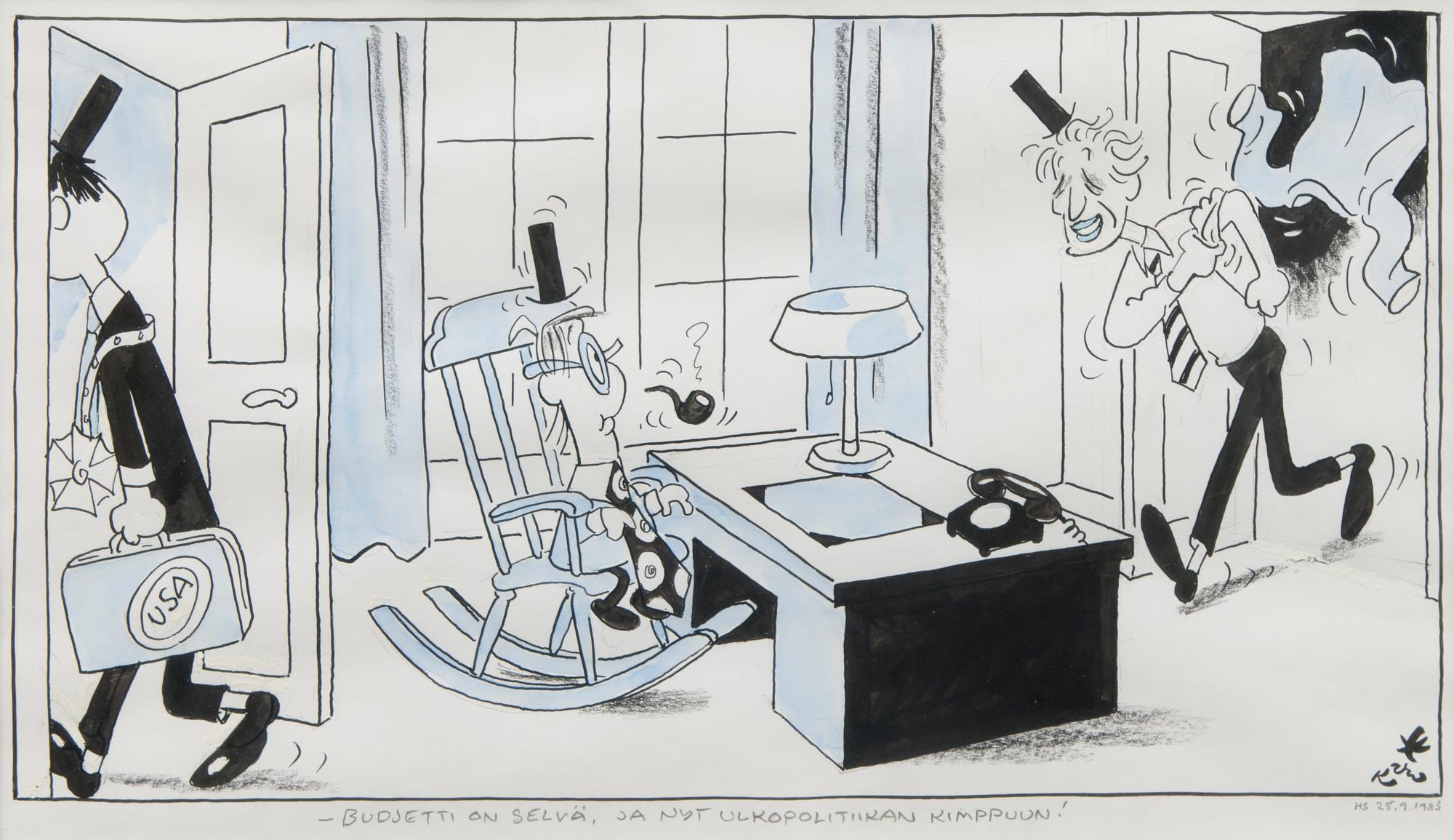 KARI SUOMALAINEN, pilapiirros, sekatekniikka, signeerattu ja päivätty.