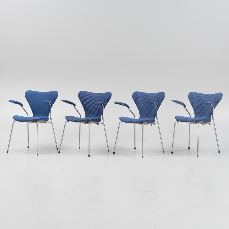 Arne Jacobsen, four 'Seven' armchairs, Fritz Hansen, Denmark.