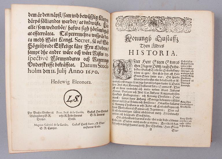 BOK, "Kon Gustaffs den I och Kon Erichs den XIV, chrönikor" av Aegidius Girs. Stockholm 1670.