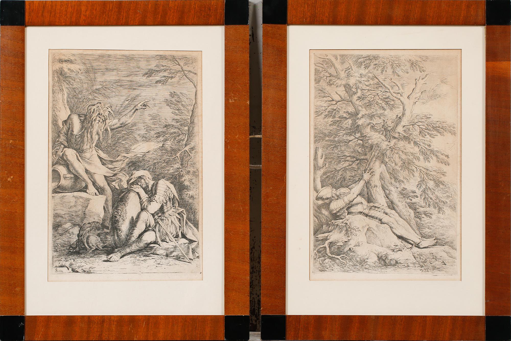 SALVATOR ROSA, efter, 2 st, etsningar, signerade i tryck, 1800-tal/tidigt 1900-tal.