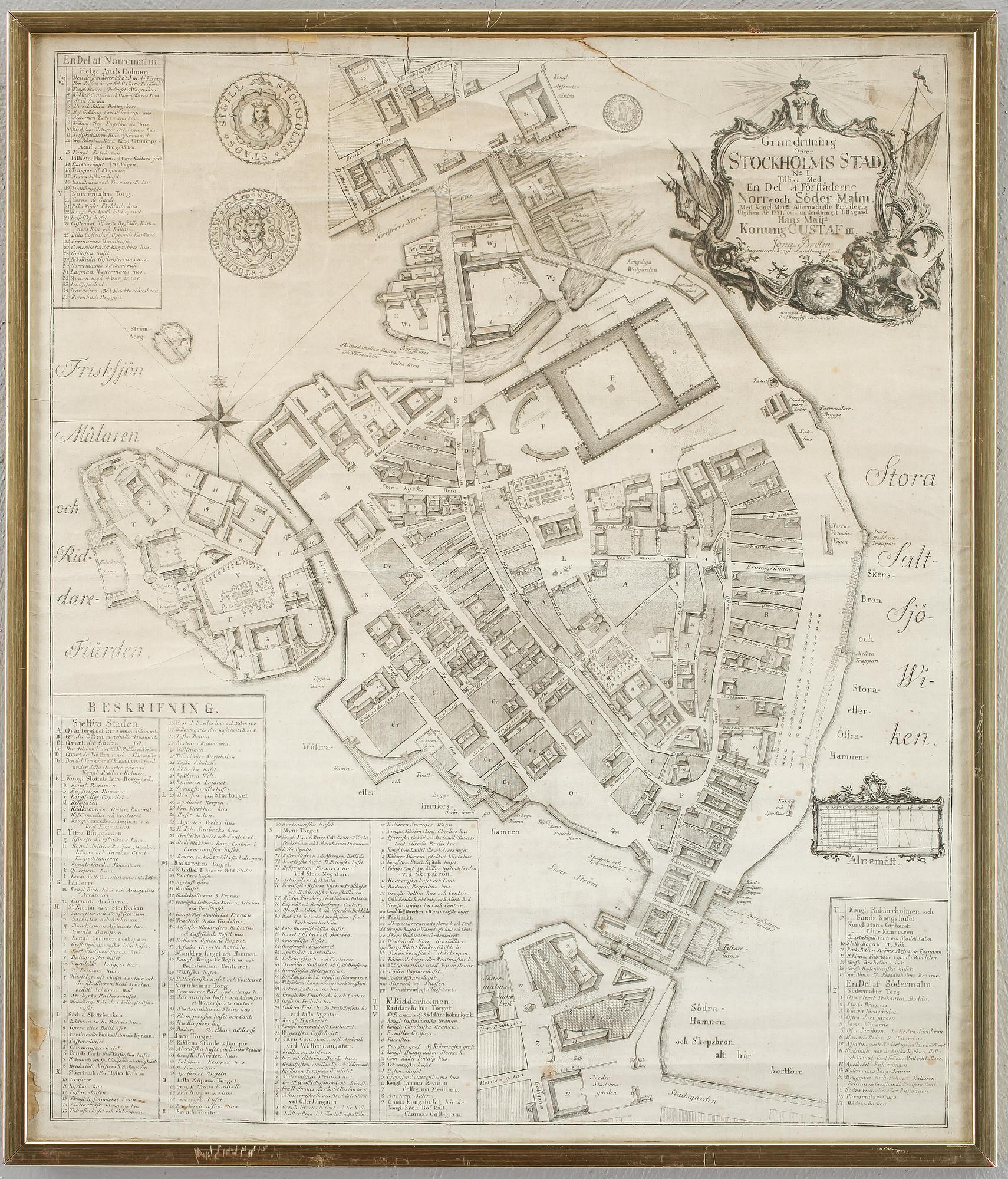 KARTA, karta, Grundritning öfver Stockholms stad, Jonas Brolin, utgiven 1771.
