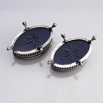 A Swedish pair of 18th century silver and blue glass salt cellars, mark of Pehr Zethelius, Stockholm 1797.