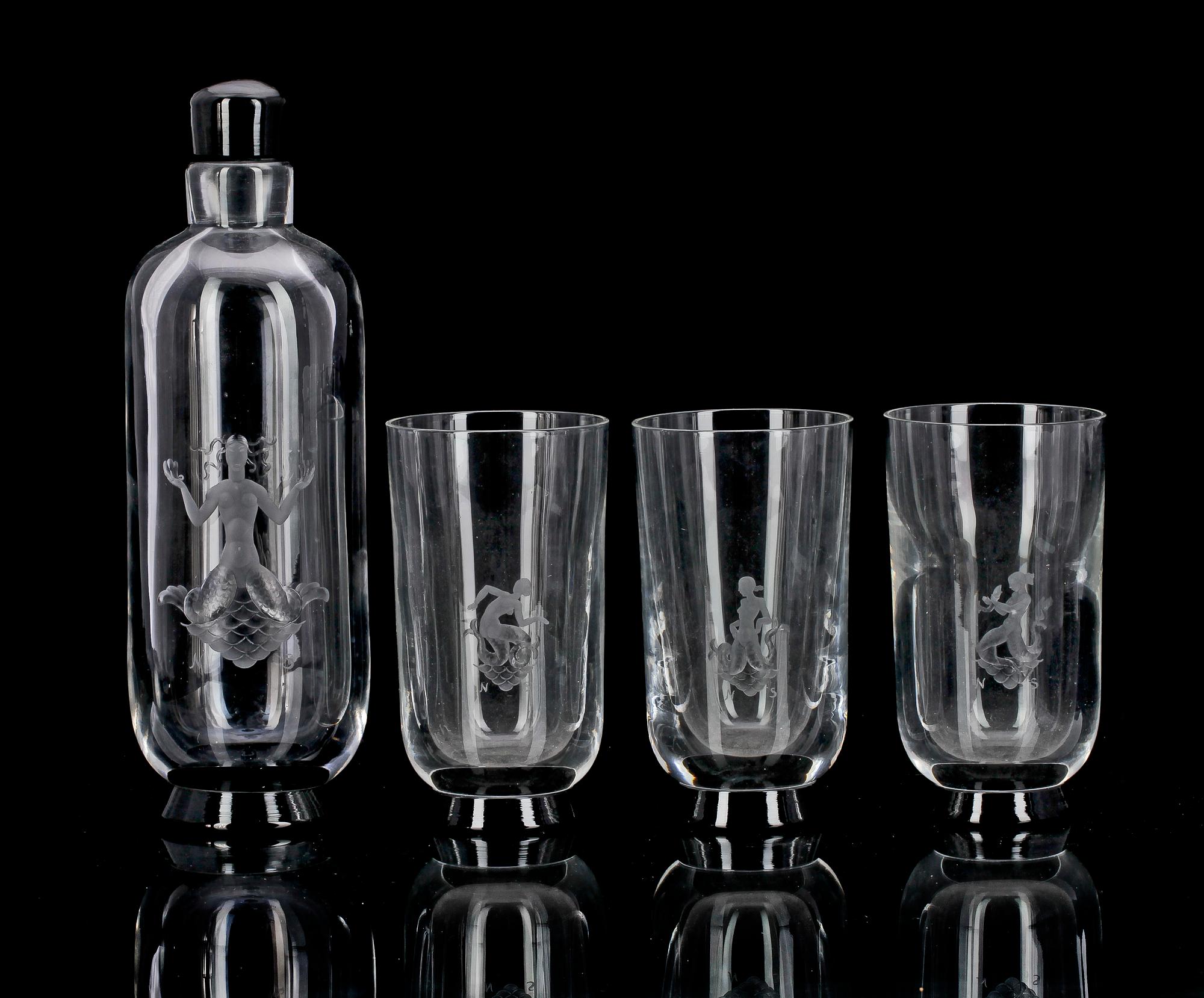 KARAFF MED GLAS, 3 st, glas. Simon Gate, Orrefors.