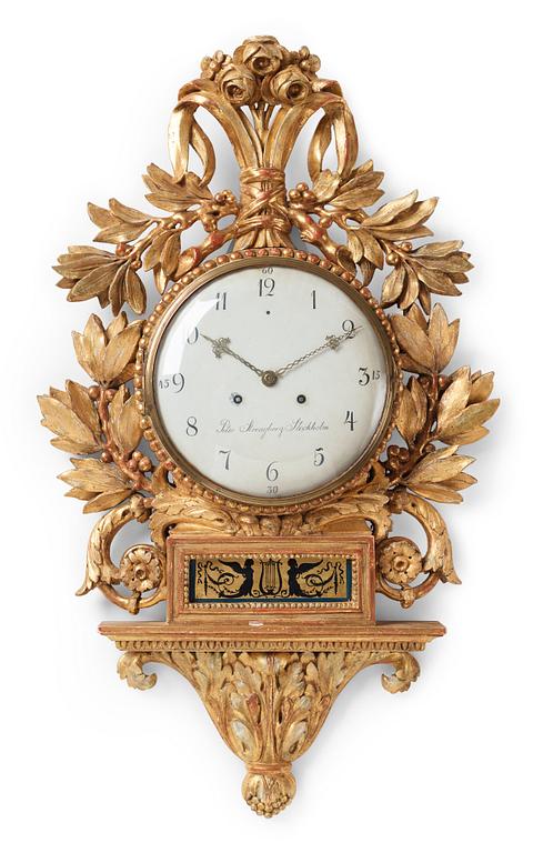 A late Gustavian early 19th century wall clock by Peter Strengberg (clockmaker in Stockholm and Mariefred 1802-1831).