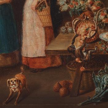 Pieter Angellis Attributed to, Market scenes after Frans Snyders; ”Der Obstmarkt”, ”Der Gemüsemarkt”, ”Der Wildbrethändler”, ”Der Fischmarkt”.