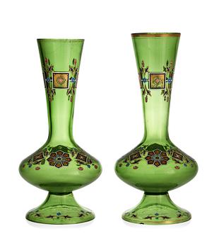 A pair of Russian green glass vases, presumably the Imperial Glass Manufactory, St Petersburg, 19th Century.