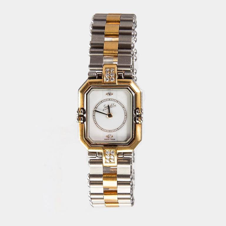 JEAN D´EVE up side down ladies wristwatch, steel, 18K gold, brilliant and single-cut Diamonds, 20 mm, quartz.