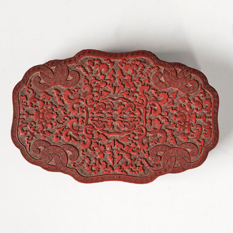 A fine carved lacquer box and cover with tianqi lacquer inset boxes and covers, Qing dynasty, Qianlong (1736-95).