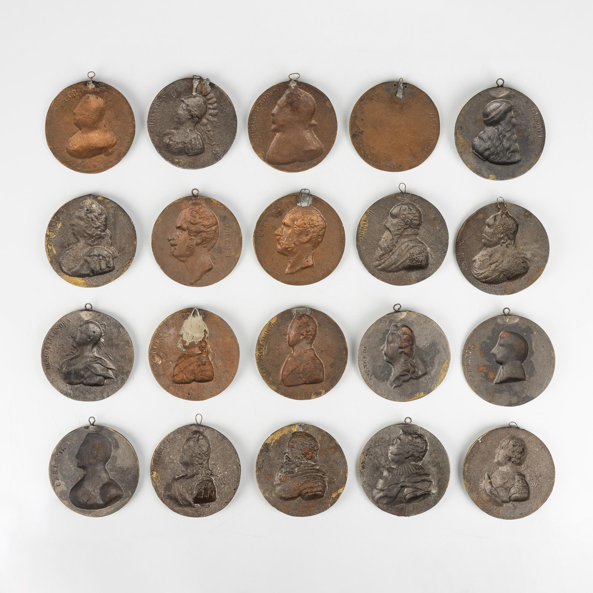 Twenty metal medallions of Swedish kings and queens, 20th century.