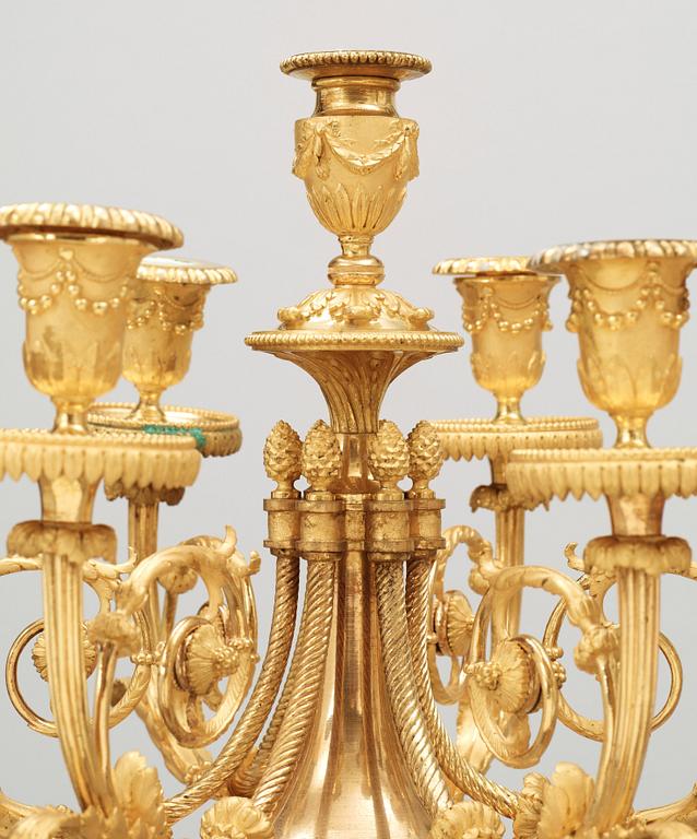 A pair of Louis XVI-style 19th century seven-light candelabra.