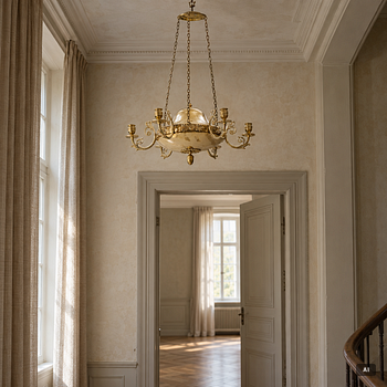A Swedish Empire gilt brass six-branch chandelier, early 19th century.