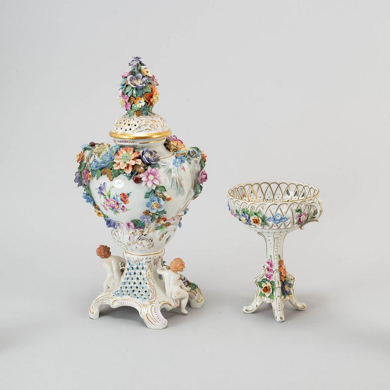 An six piece assembled porcelain garniture, Dresden, mid 20th century.