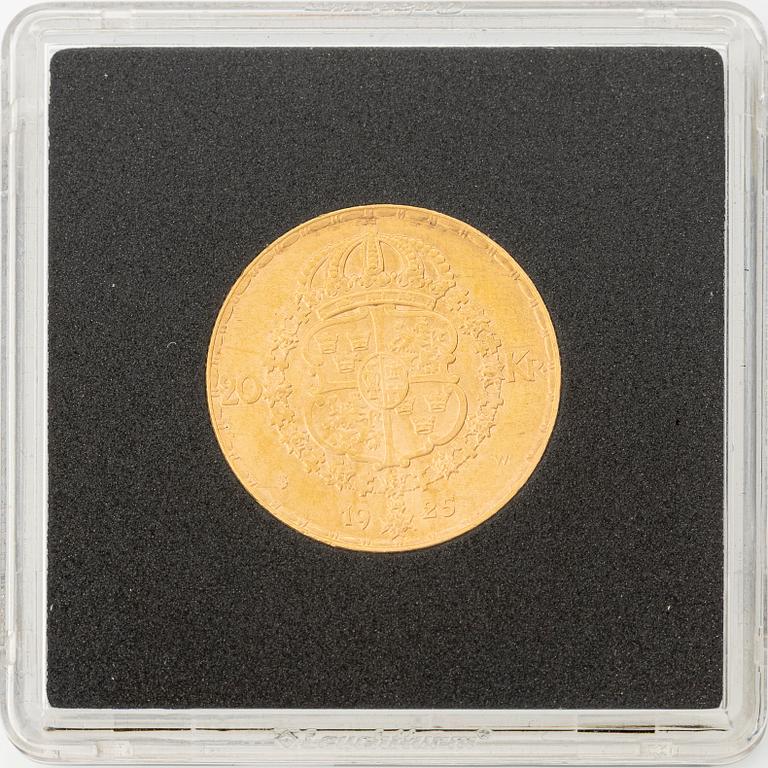 Guldmynt, Gustav V, 20 kronor, Sverige 1925.