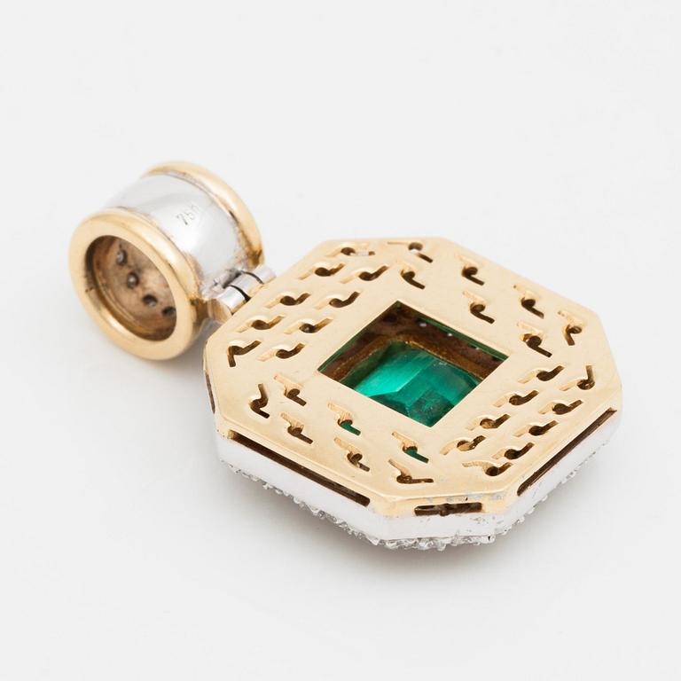 A pendant with a 5.50 ct emerald and cica 1.80 cts of brilliant cut diamonds.