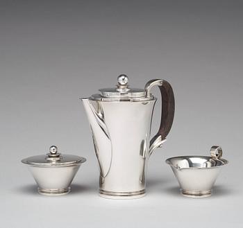 Harald Nielsen, a "Pyramid" sterling three pieces coffee service, Georg Jensen, Copenhagen 1933-44, designnr 600A,