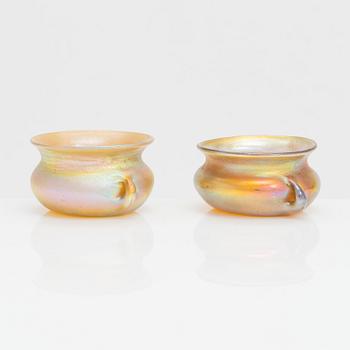 Louis Comfort Tiffany, a pair of glass salt cellars, marked LCT 9823, USA early 20th century.