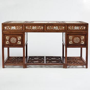 A Chinese writng desk with stone placques and mother of pearl inlay, late Qing dynasty.