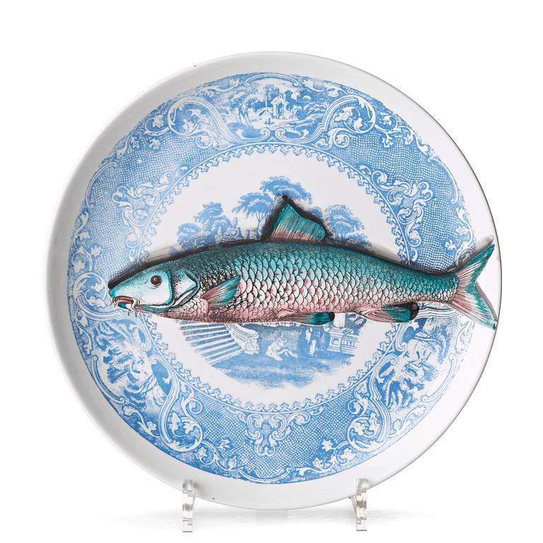 Piero Fornasetti, a set of six "Piscibus" porcelain plates, Milano, Italy.