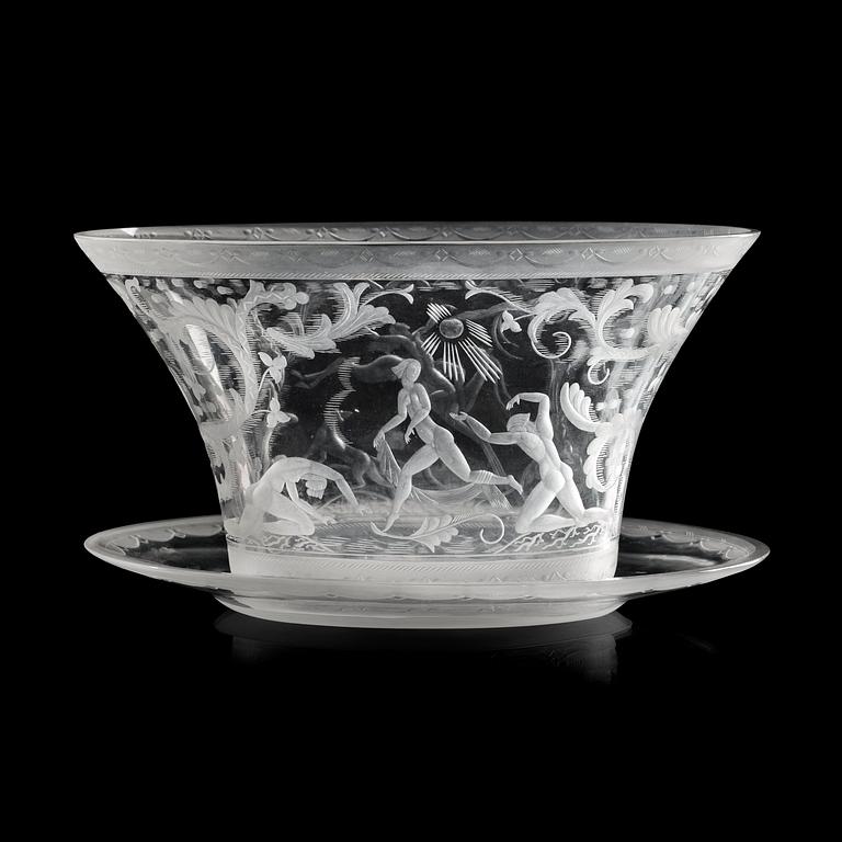 A Simon Gate 'Swedish Grace' engraved glass bowl with stand, Orrefors 1928, model nr 128.