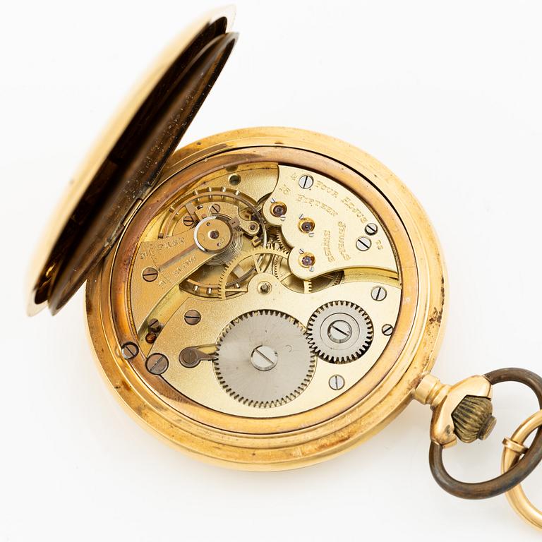 Pocket watch, hunter, 18K gold, chain 18K gold, 55 mm.