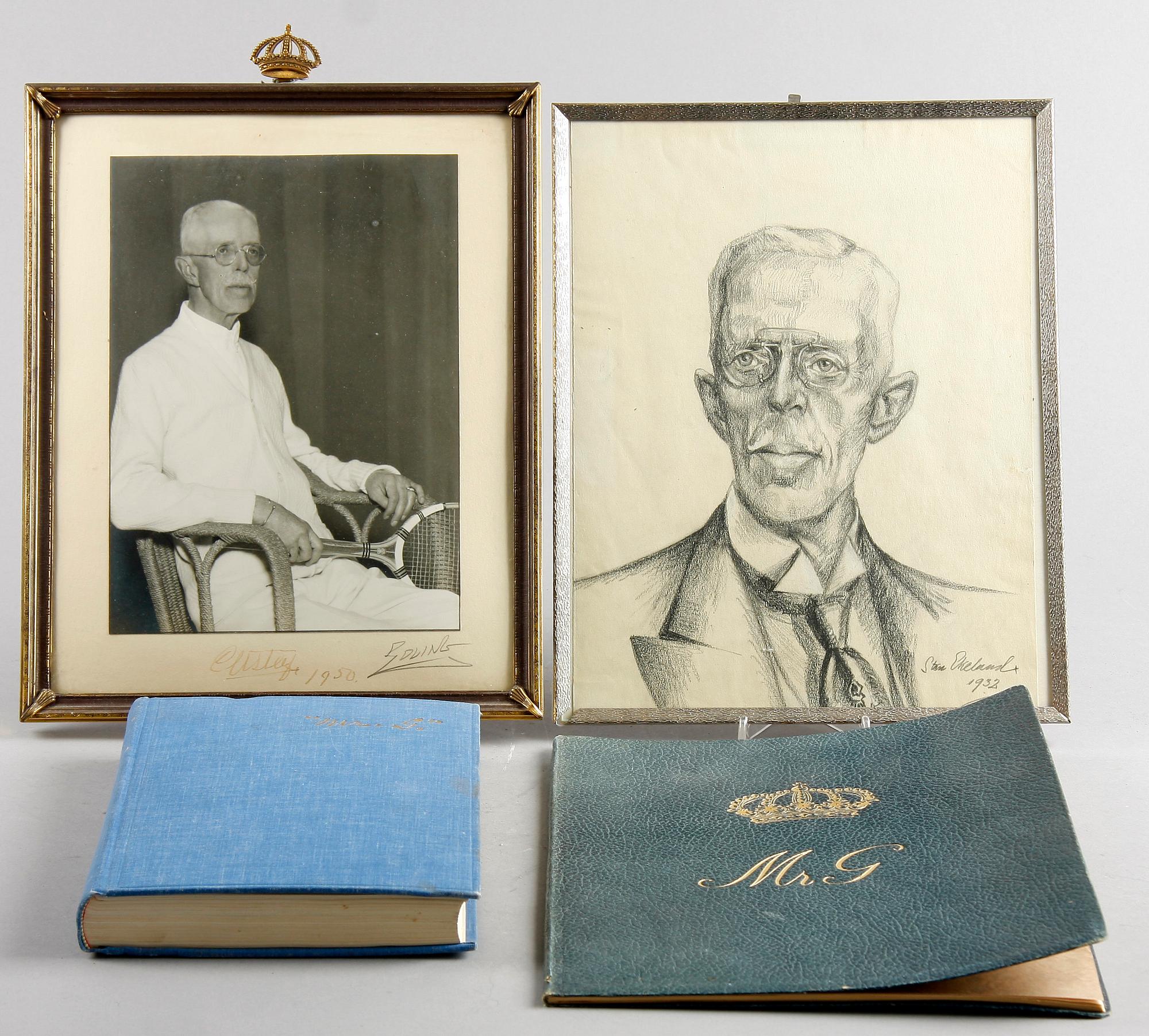 PARTI GUSTAV V, 4 delar, signerat porträtt, teckning och böcker 2 st.