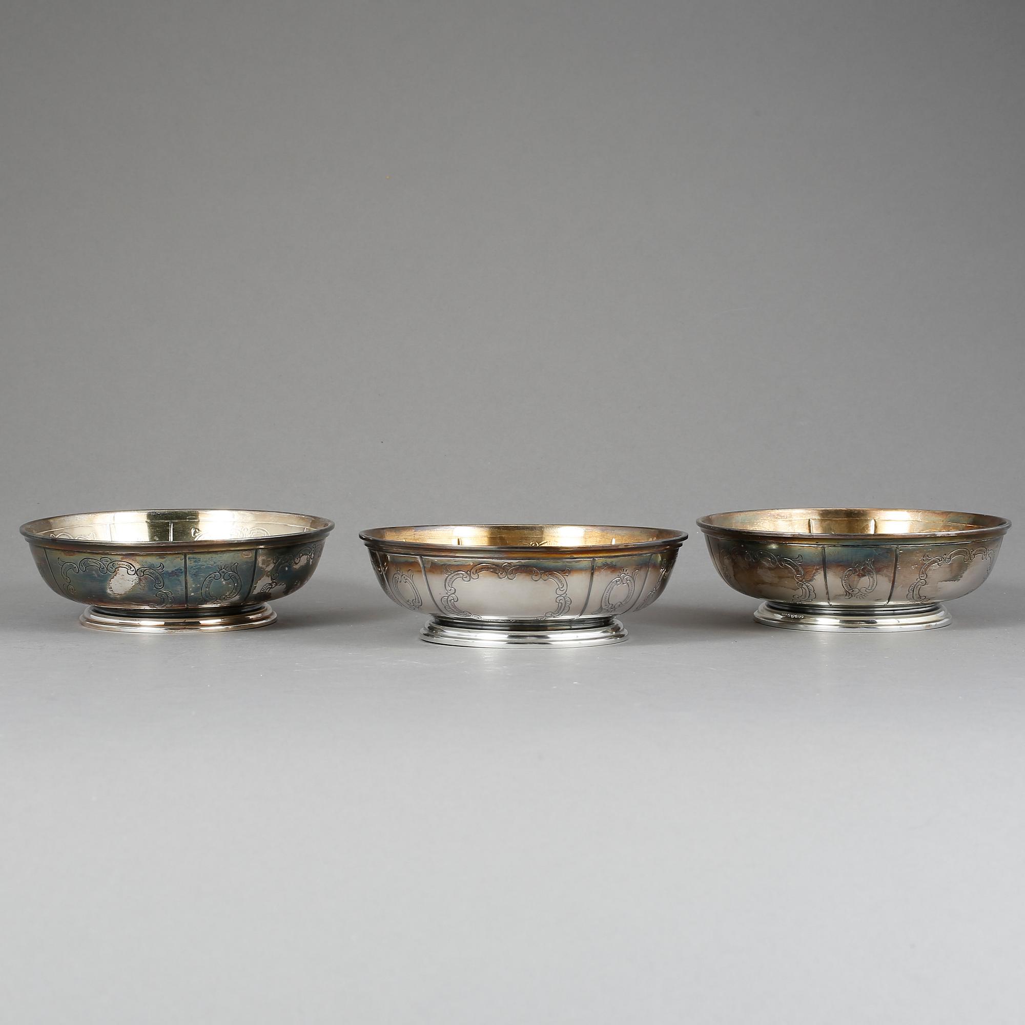 SKÅL, 3 st, silver, ca. 523 g. B. H. Edlunds Silvervarufabrik AB, Stockholm, 1965.