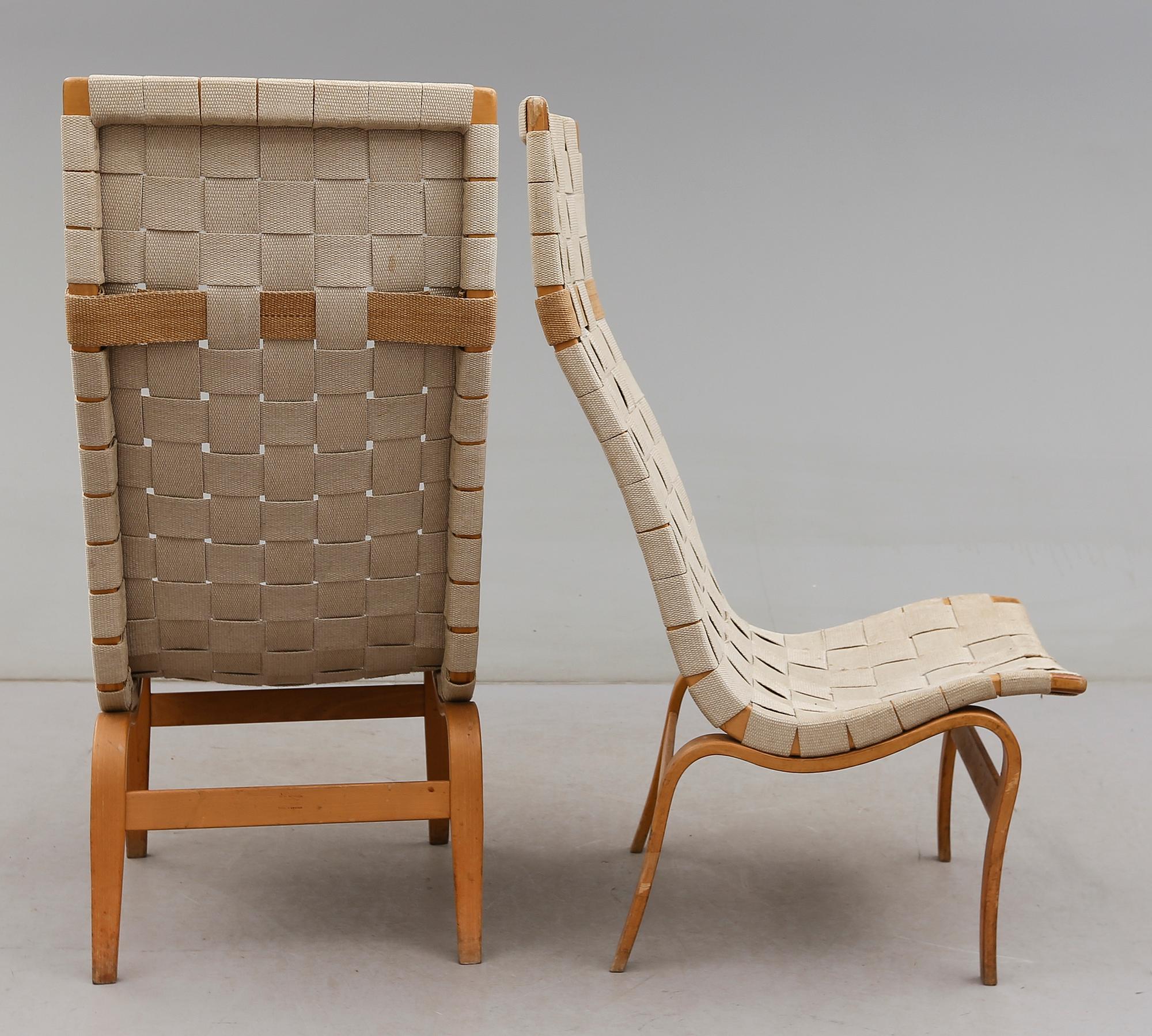 FÅTÖLJER, 1 par, " Eva hög", Bruno Mathsson, för Fima Karl Mathsson, Värnamo, 1900-talets andra hälft.