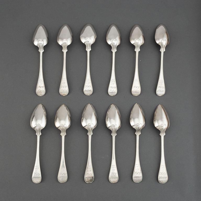 Gustaf Aulander, twelve Swedish silver spoons, Karlskrona, 1862.