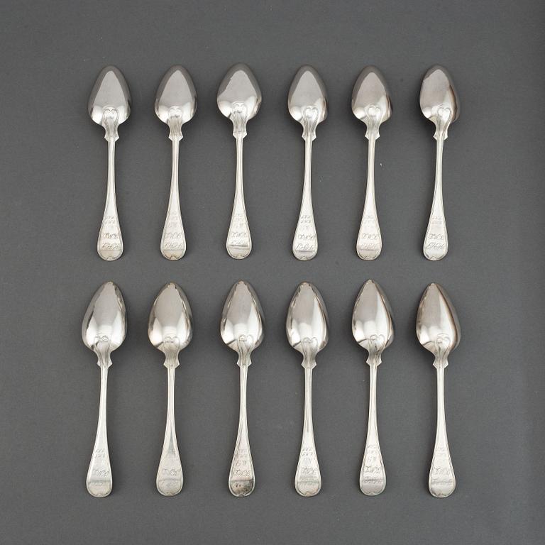 Gustaf Aulander, twelve Swedish silver spoons, Karlskrona, 1862.