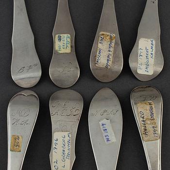 Eight silver spoons, including Johan Abraham Hallard, Stockholm (1774-1809) and Lars Granberg, Stockholm (1788-1806).