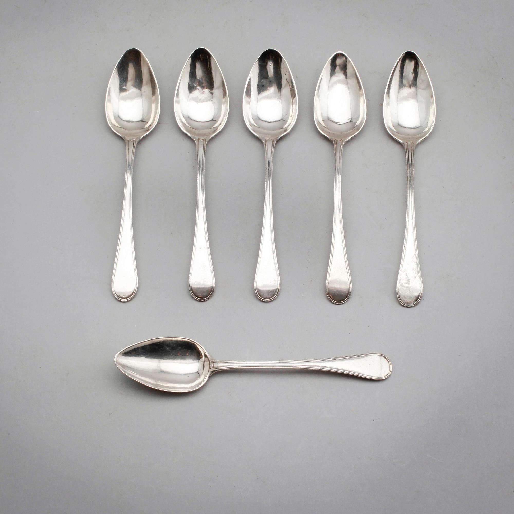 DESSERTSKEDAR, 6 st (3+3), silver, Johan Fredrik Björnstedt, 1817 samt Adolf Zethelius 1813. Vikt ca 230 gram.