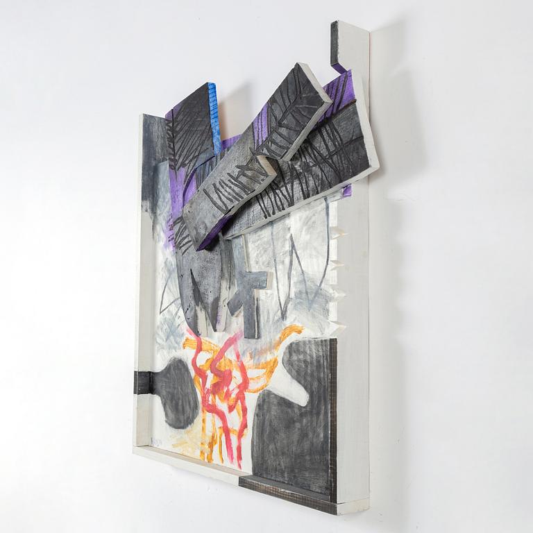 Vide Janson, relief, bemålat trä, signerad.