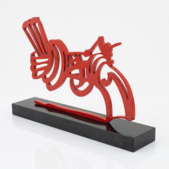 Carl Fredrik Reuterswärd, skulptur, rödlackerat stål på sockel av sten, signerad CFR och numrerad 25/50.