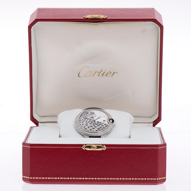 WRISTWATCH, Cartier Ballon Bleu Automatic, steel, mother of pearl dialer, diamonds and enamelling. Original box.