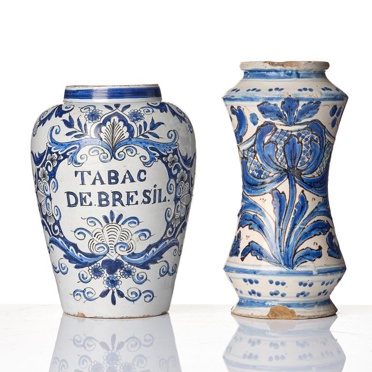 Two faiance pharmacy jars, 18th/19th century.