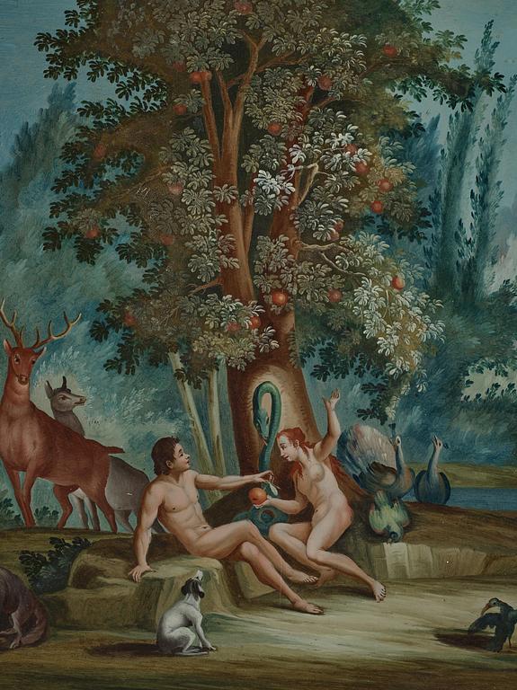 Glass painting, England, 18th century. "The Garden of Eden".