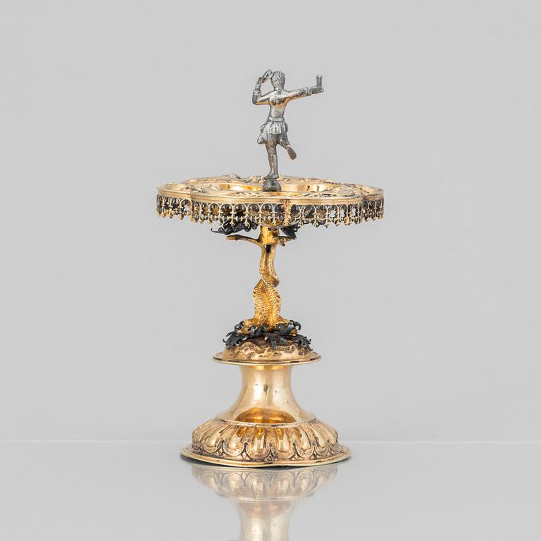 A German parcel-gilt saltcellar/spice rack, makers mark Paulus Braunacker, Nurnberg, probably mid 17th Century.