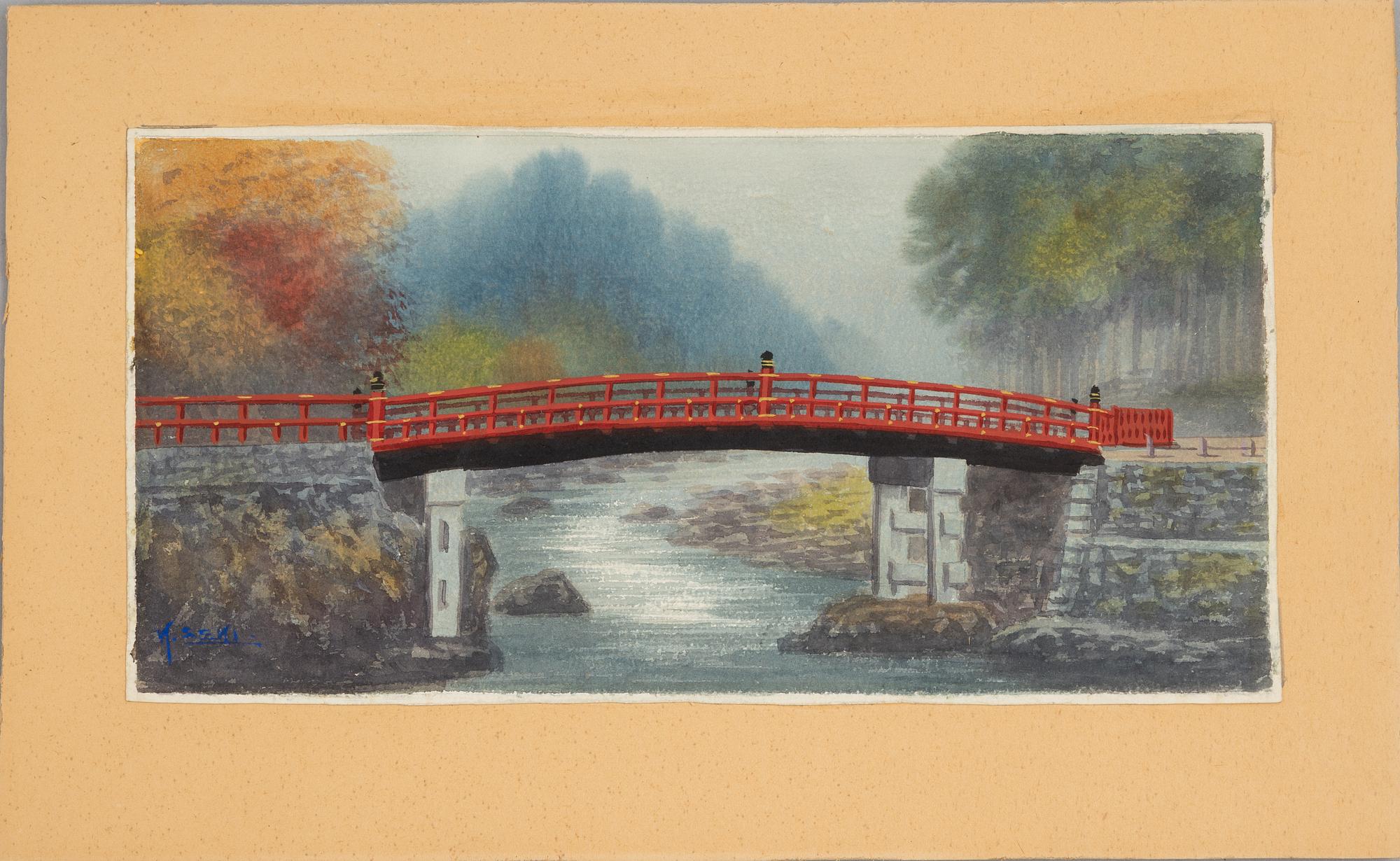 Seki, two watercolours, "Moonlit Temple" and "Bridge in Autumn Landscape", Japan 20th century.