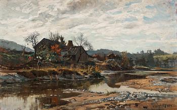686. Carl Trägårdh, River landscape with a boy by a house (probably a scene from the river Isar in Bavaria).