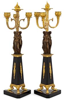 1023. A pair of French Empire three-light candelabra.