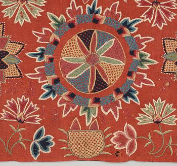 CARRIAGE CUSHION, embroidered. "Blomsterdyna". 51 x 102,5 cm. Scania, Sweden, 1822.