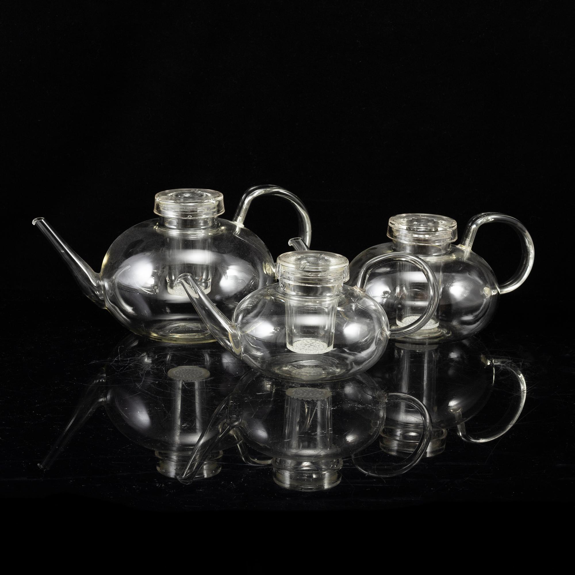 WILHELM WAGENFELD, 3 tea pots, Jenaer Glaswerk, Schott & Gen, Germany.