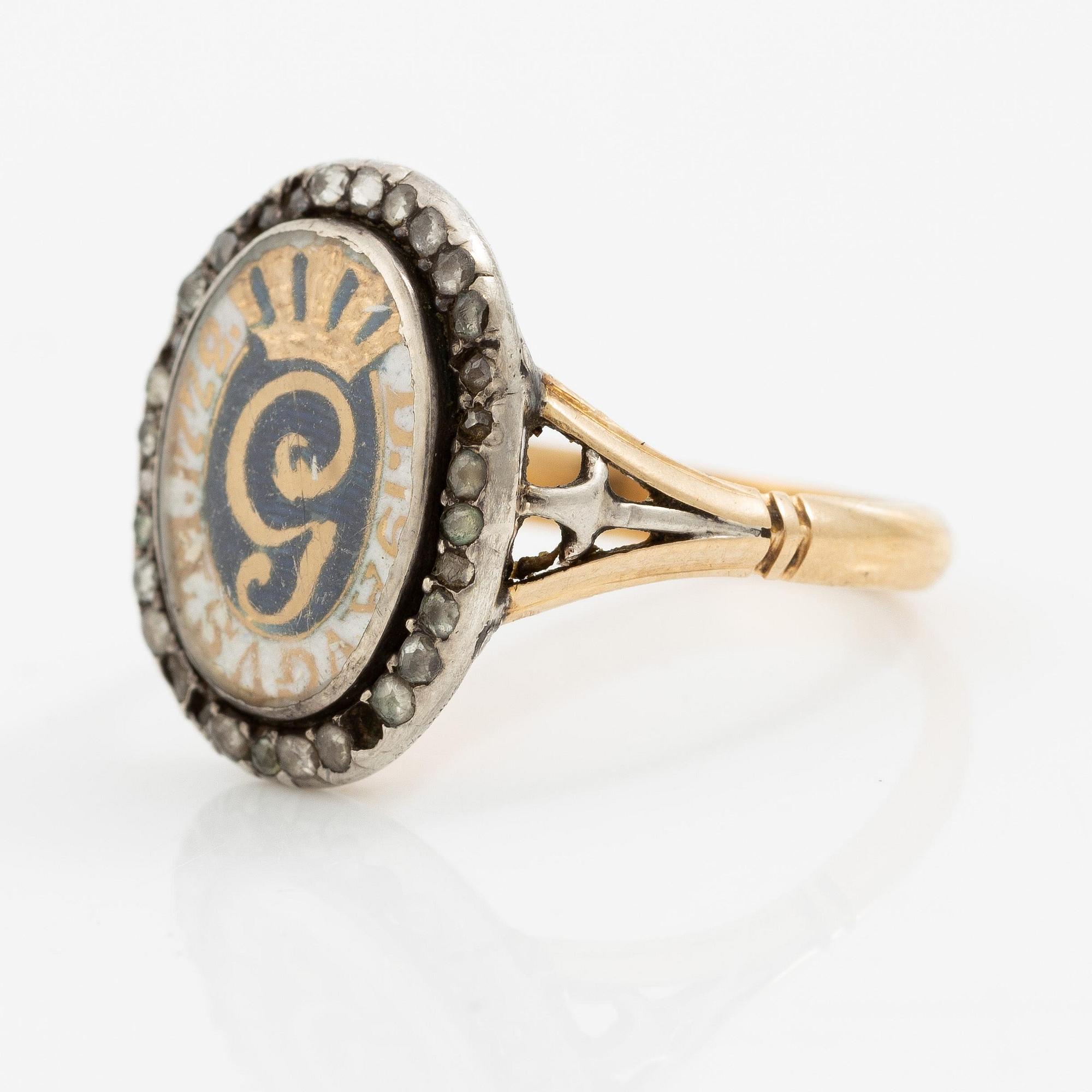 Revolutionsring, Gustav III, guld, silver, emalj och diamanter.