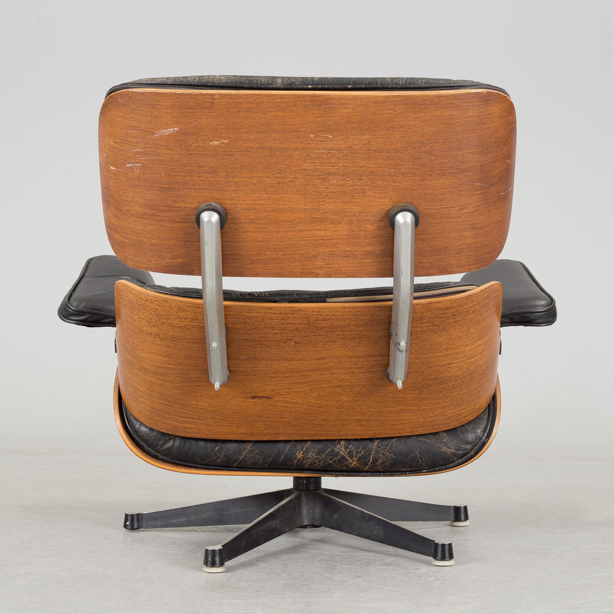 An easy chair and ottoman by Charles & Ray Eames, Herman Miller, USA, produced with licence by Hille, London.