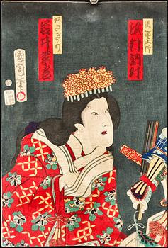 TRÄSNITT, 3 st, Japan. Kuniyoshi, Kunichika samt Hokusai. 1800-tal.